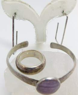 Artisan 925 Amethyst Hammered Cuff Bracelet & Geometric Earrings w/ Ring 21.6g