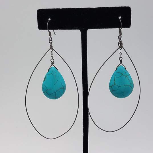 Sterling Silver Turquoise Dangle Earring Ring Sz 6 1/2 & 8 Bundle 3pcs 21.0g image number 3