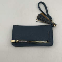 Womens Blue Leather Tassel Outer Pocket Built In Charger Wristlet Wallet