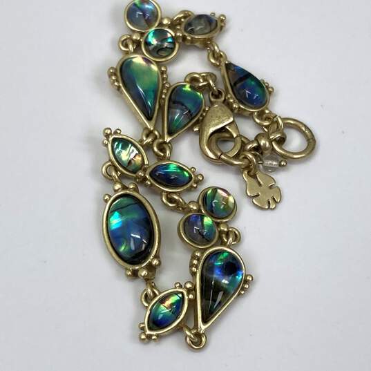Designer Lucky Brand Gold-Tone Clover Leaf Hang Tag Abalone Link Bracelet image number 4