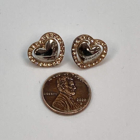 Designer Coach Silver-Tone Heart Shape Stud Earrings With Dust Bag image number 2