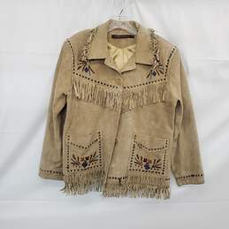 Double D Ranch Tan Leather Western Beaded Fringe Jacket Size M