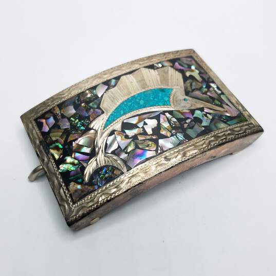 V.H.L.O. - Mexico 925 Sword Fish Abalone + Turquoise Inlay Belt Buckle 51.9g image number 2