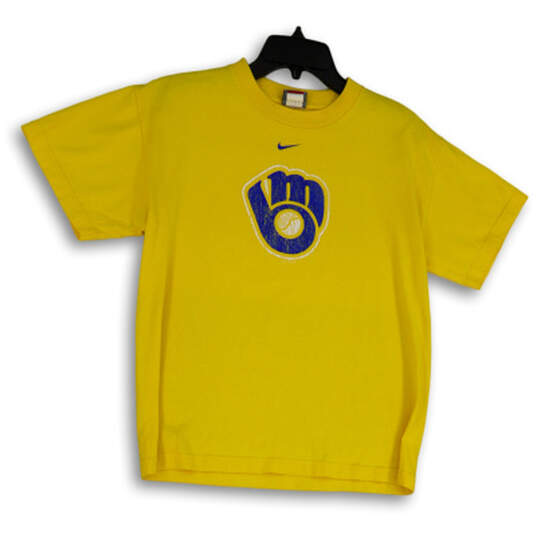 Buy the Mens Yellow Milwaukee Brewers Crew Neck Short Sleeve Pullover T- Shirt Sz XL