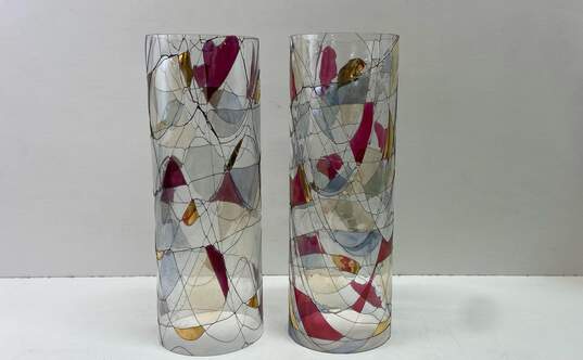 FOSTORIA Galleria Hurricane Shades Abstract Mosaic Art Glass 2pc Set image number 1