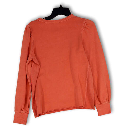 NWT Womens Orange Round Neck Puff Sleeve Raw Hem Pullover Sweatshirt Size S image number 2