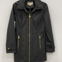 Womens Black Long Sleeve Side Pockets Collared Hooded Full-Zip Jacket Sz XS
