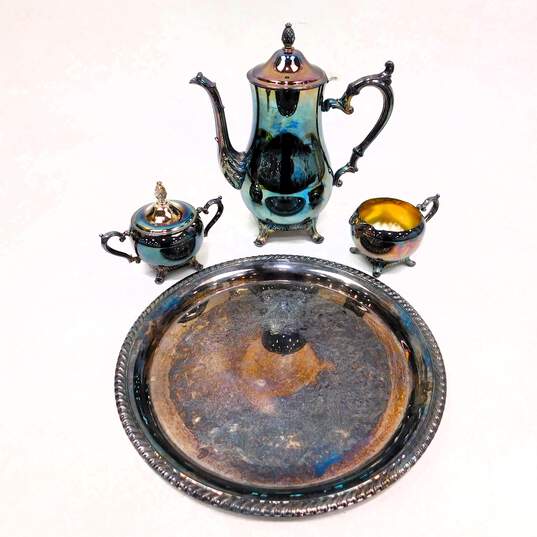 Vintage WM Rogers Silverplate Tea Set w/ Tray Teapot Sugar Bowl & Creamer image number 1