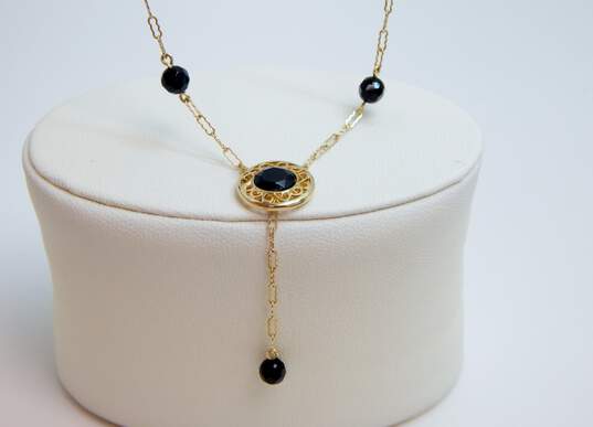 14K Yellow Gold Black Glass Faceted Pendant Bead Station Lariat Necklace 2.7g image number 1