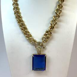 Designer Heidi Daus Gold-Tone Blue Rectangle Stone Toggle Clasp Pendant Necklace
