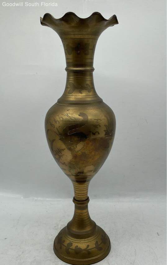 Large Brass Colored Animal Designs Vase image number 1