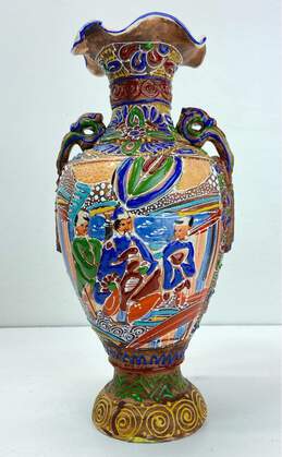 Handmade 12in Tall Vintage Oriental Motif Table Vase / Signed