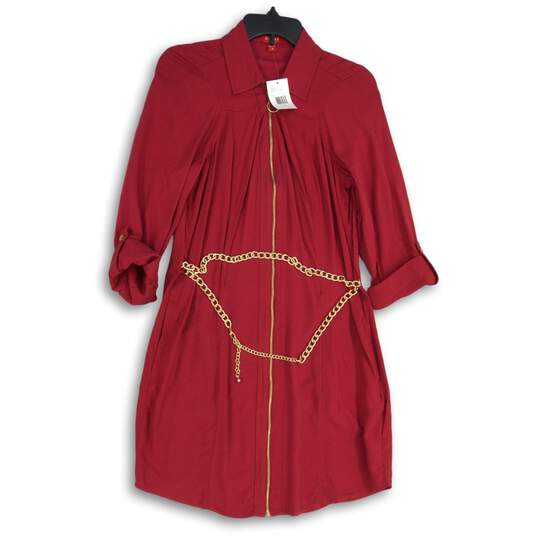 NWT Womens Red Roll Tab Sleeve Collared Front Zip Shirt Dress Size M image number 1