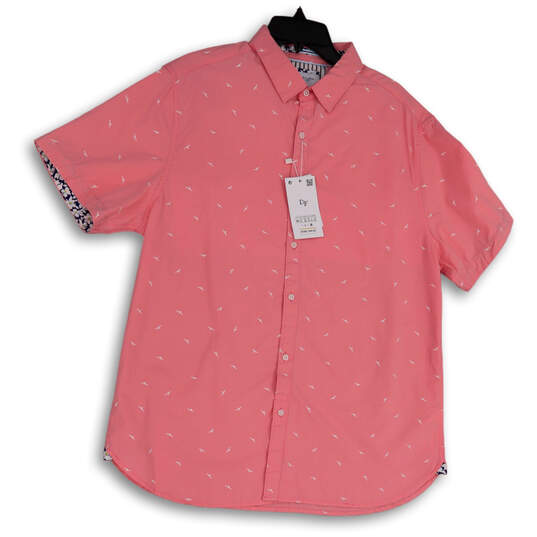 Buy the NWT Mens Pink Bird Print Short Sleeve Collared Button-Up