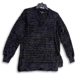 NWT Womens Black V-Neck Full Sleeve Knitted Side Slit Pullover Sweater Sz M