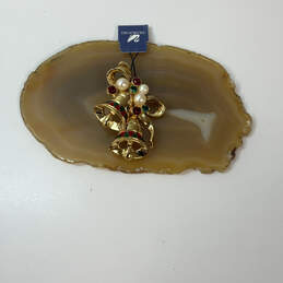 Designer Swarovski Gold-Tone Crystal Stone Pearl Christmas Bells Brooch Pin