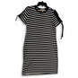 Womens Black White Striped Round Neck Classic Pullover Shift Dress Size XS image number 1