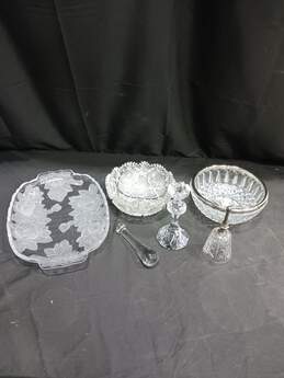 Crystal Glass Bowls, Tray, Bell, Pestle, & Candle Holder 6pc Lot