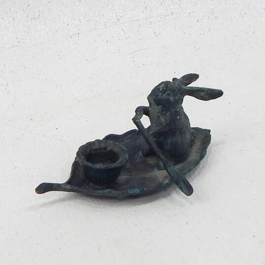 Vintage Bronze Rabbit Paddling On Leaf Boat Candle Holder image number 1