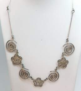 Artisan Sterling Silver Swirl & Flower Necklace 36.1g