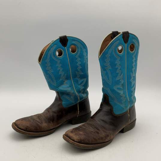 Justin Mens 377JR Brown Blue Leather Pull On Cowboy Western Boots Size 5D image number 2