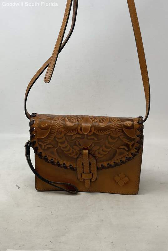 Patricia Nash Womens Lanza Brown Tooled Leather Crossbody Bag image number 1