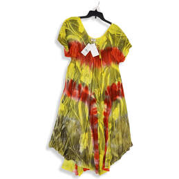 NWT Womens Red Yellow Floral Short Sleeve Tie Neck A-Line Dress One Size