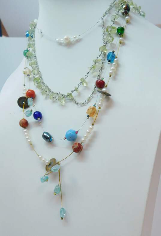 Artisan 925 & Vermeil Peridot Chips Aqua Coral Hematite Pearl & Art Glass Beaded Necklaces Variety 33.8g image number 2