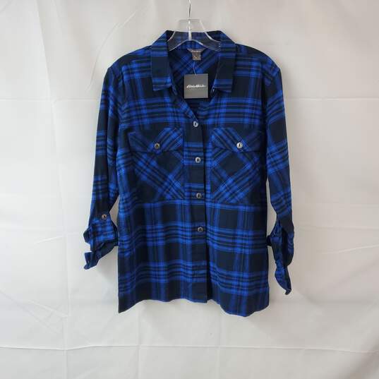 Eddie Bauer Blue Plaid Cotton Button Up Field Shirt WM Size S NWT image number 1