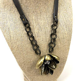 Designer Fossil Gold-Tone Leather Link Chain Flower Shape Pendant Necklace