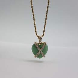 14k Gold Diamond Jade Heart Pendant on Rope Necklace 8.0g