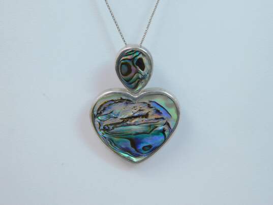 Artisan 925 Abalone Heart Pendant Necklace & Earrings w/ Chunky Ring 21.7g image number 3