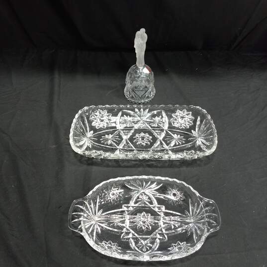2pc Set of Press Cut Star Pattern Glass Serving Platters w/Crystal 25th Anniversary Bell image number 1