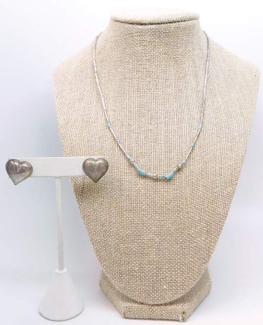 (G) Artisan 925 Southwestern Turquoise Liquid Silver Necklace & Heart Earrings image number 1