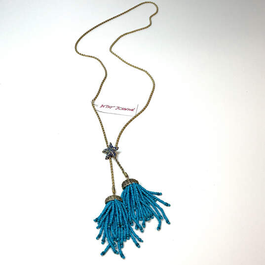 Designer Betsey Johnson Gold-Tone Turquoise Double Tassel Pendant Necklace image number 3