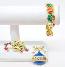 Vintage & Monet Goldtone Christmas Enamel Ornament & Bow & Candy Cane Brooches & Tree Present Wreath & Santa Charms Bracelet 67.5g