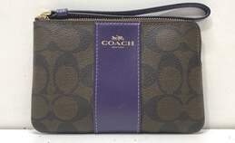 Coach Monogram Signature Stripe Pouch Wristlet Dark Brown