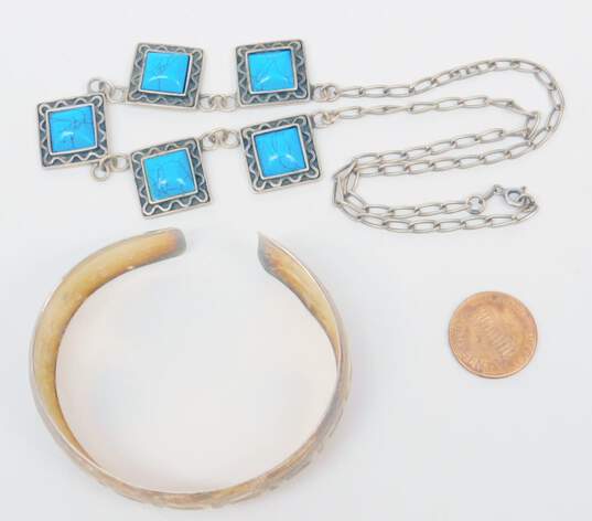 Vintage 925 Faux Turquoise Necklace & Greek Key Cuff Bracelet 35.5g image number 5