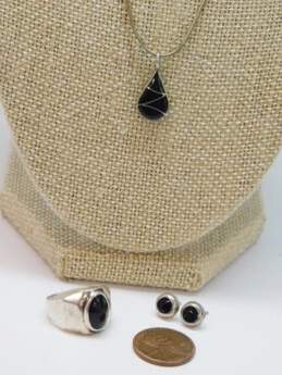 Taxco & 925 Turquoise Teardrop Pendant Necklace Faux Onyx Earrings & Ring alternative image