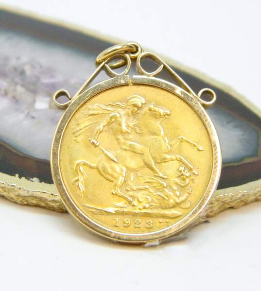 Antique 21K Yellow Gold 1923 King George V Coin Set In 10K Bale Pendant 9.5g image number 1