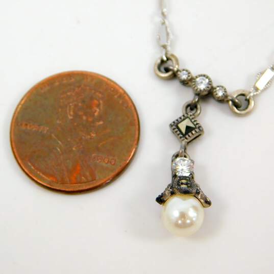 Judith Jack 925 Sterling Silver Faux Pearl Marcasite & CZ Pendant Necklace & Drop Faux Pearl Earrings 6.2g image number 7