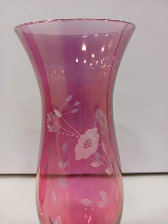 2 Etched Floral Pattern Pink Clear Glass Vase Bundle image number 4