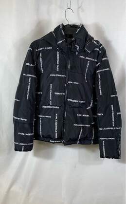 Karl Lagerfeld Womens Black Hooded All-Over Printed Full Zip Puffer Jacket Sz L