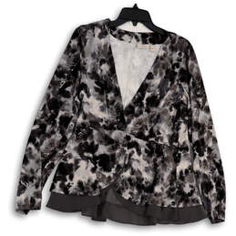 Womens Gray Black Floral Long Sleeve 230 Peplum Cardigan Sweater Size Small