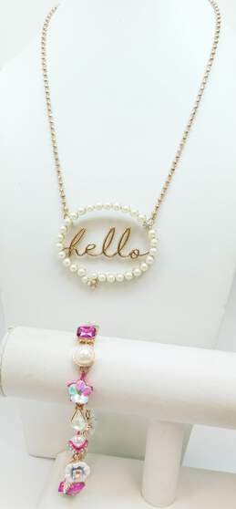 Betsey Johnson Rose Tone Faux Stone Pendant Necklace & Bracelet 42g