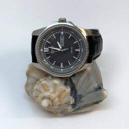 Designer Citizen Eco Drive Silver-Tone Black Leather Strap Analog Wristwatch