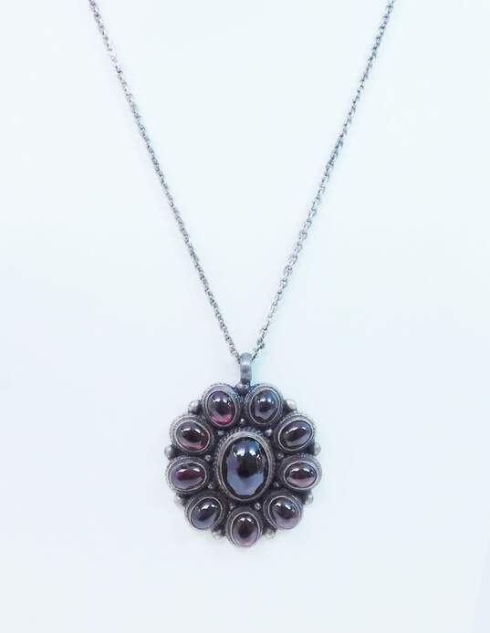 Artisan 925 Sterling Silver Garnet Flower Pendant Necklace 41.7g image number 1