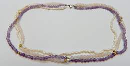 Romantic 14k Yellow Gold Clasp Pearl Amethyst & Rose Quartz Three Strand Beaded Necklace 27.9g alternative image