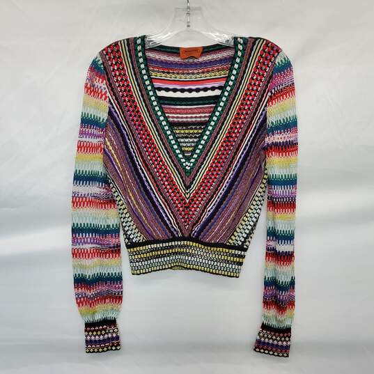 AUTHENTICATED MISSONI V-NECK CROPPED RAINBOW CROCHET KNIT SWEATER image number 1