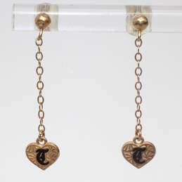 14K Yellow Gold Antique Black Initial 'T' Heart Chain Dangle Earrings alternative image